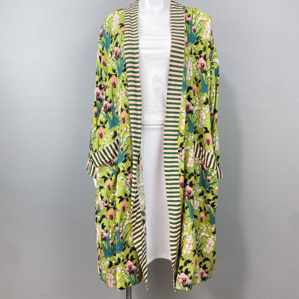 Paper Source Robe Womens OS Green Floral Viscose Striped Trim Open Front Kimono